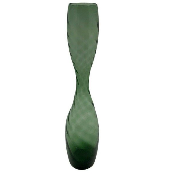 Glass Bud Vase Olive Green 10” Swirl Spiral Textured Hand Blown Vintage Beauty - Picture 7 of 7